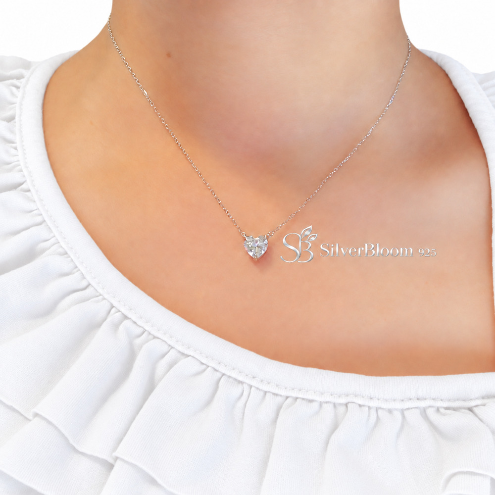 5A Cubic Zirconia Heart Pendant Necklace - Adjustable 16in 925 Sterling Silver